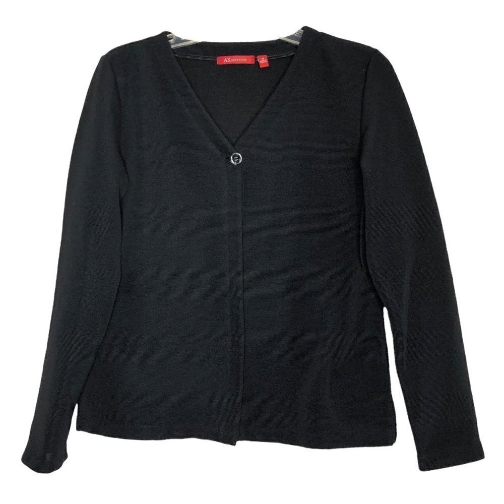 𝅺anne KLEIN Black Textured Black Cardigan Jacket Single Button - Size Medium